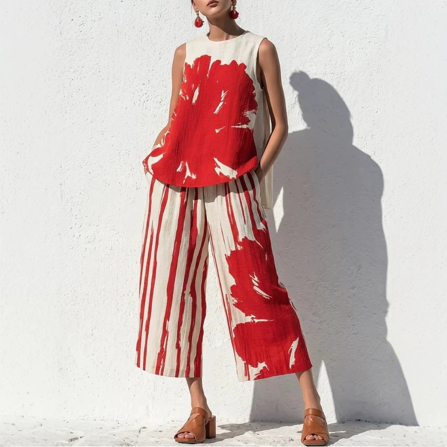 Women's Loose Floral Print Top & Wide-Leg Capri Two-Piece Set