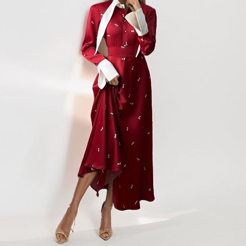 Elegant French Floral Print Long Sleeve Collared Maxi Dress