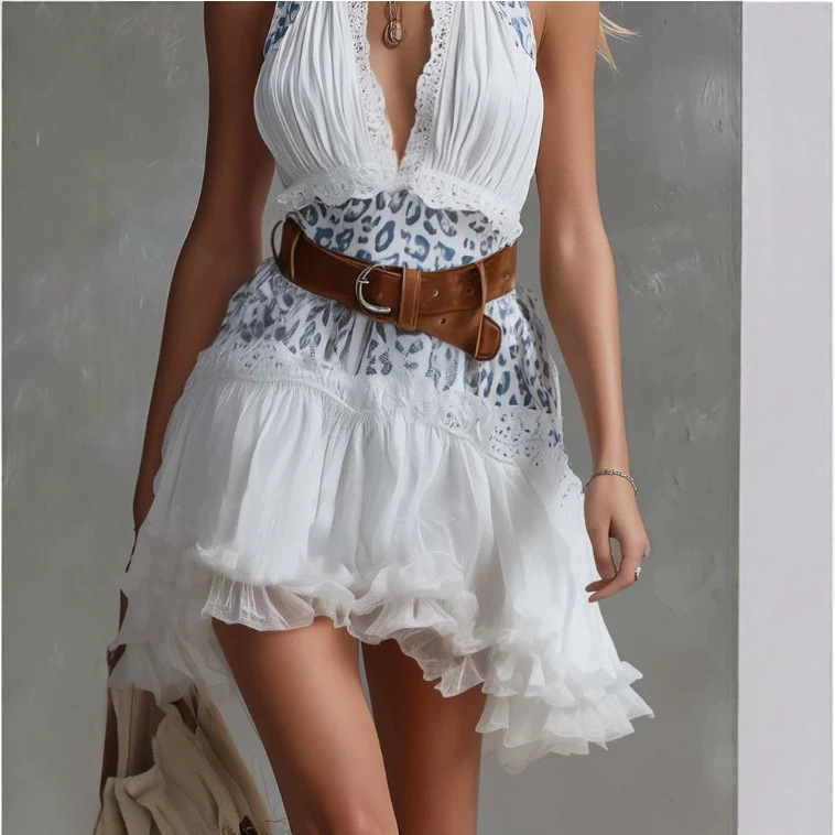 Elegant Western V-Neck Leopard Print Bubble Dress