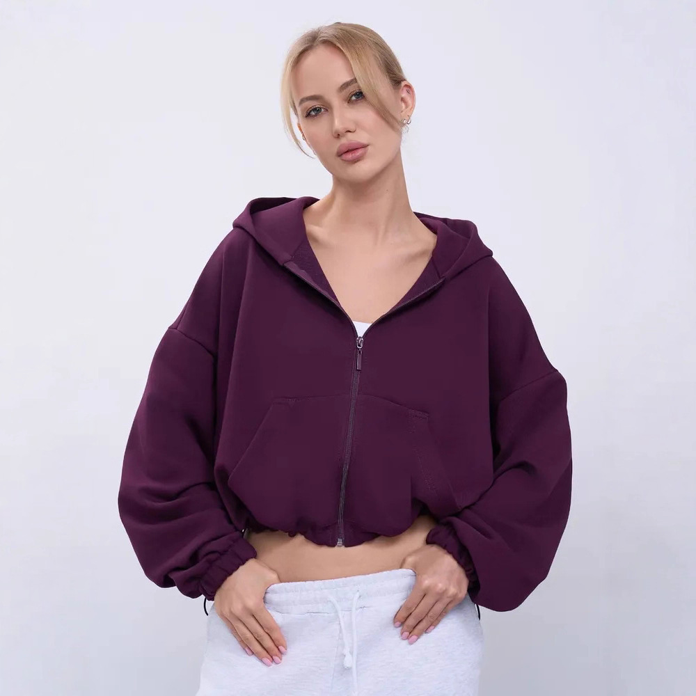 Women's Solid Color Hooded Zip-Up Waist-Cinched Cropped Jacket