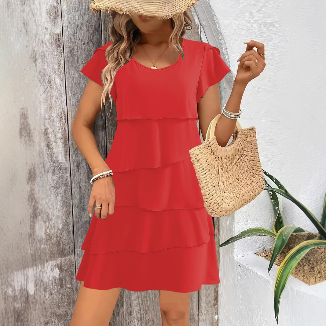 Women's Tiered Cake Dress with Ruffle Sleeves Round Neck Loose Fit