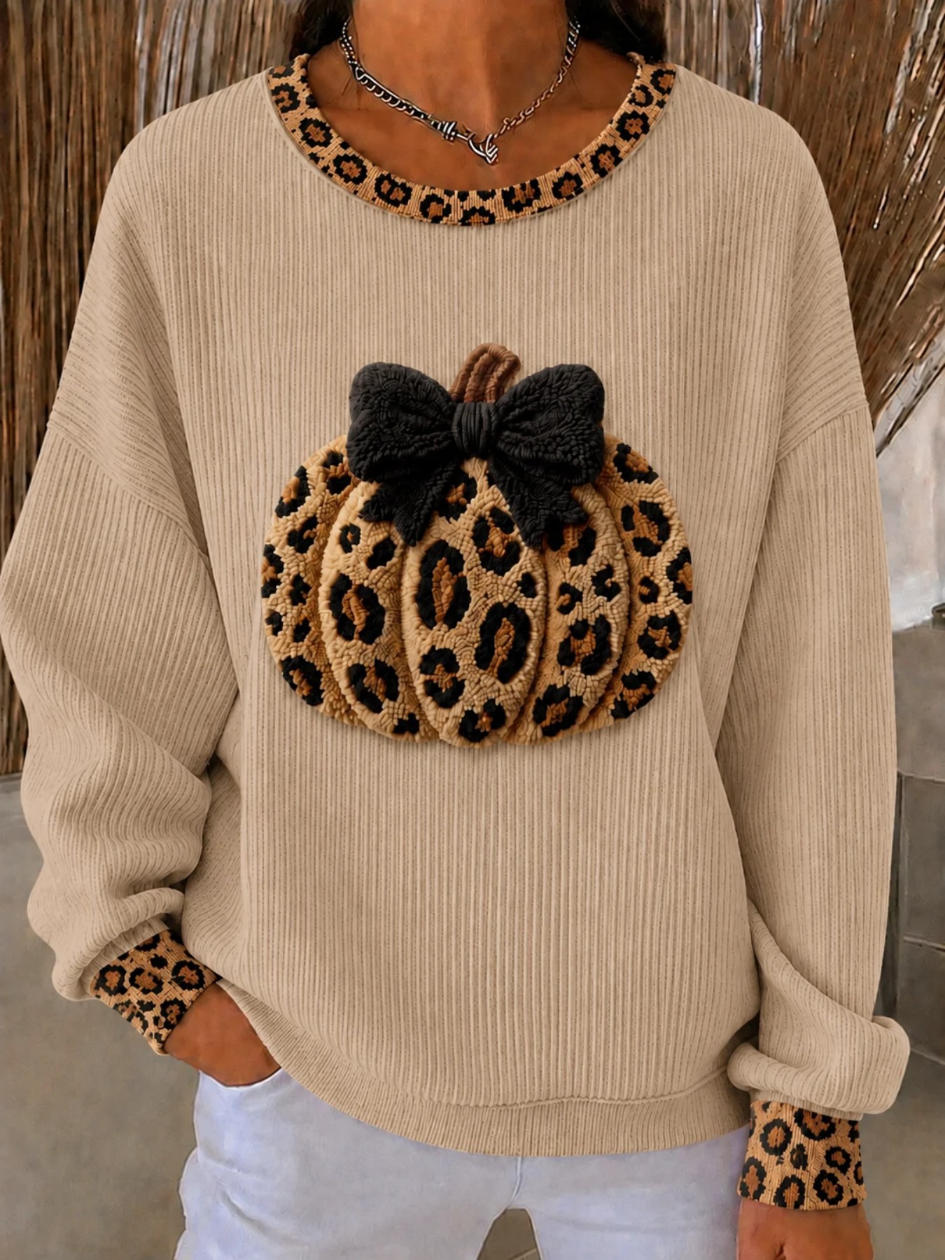 Pumpkin Leopard Bow Print Crewneck Long-Sleeve Women's Sweatshirt