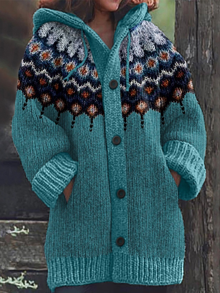 Women's Floral Leaf Print Hooded Button Cardigan Sweater