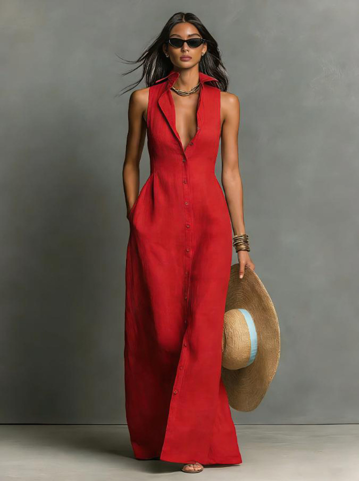 Solid V-Neck Sleeveless Shirt Dress