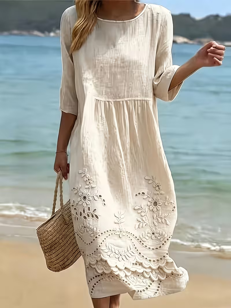 Women's Floral Print Pleated Midi Dress Round Neck Half Sleeve