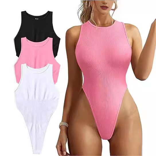 Women's Ribbed Sleeveless Halter Bodysuit Sexy High-Cut