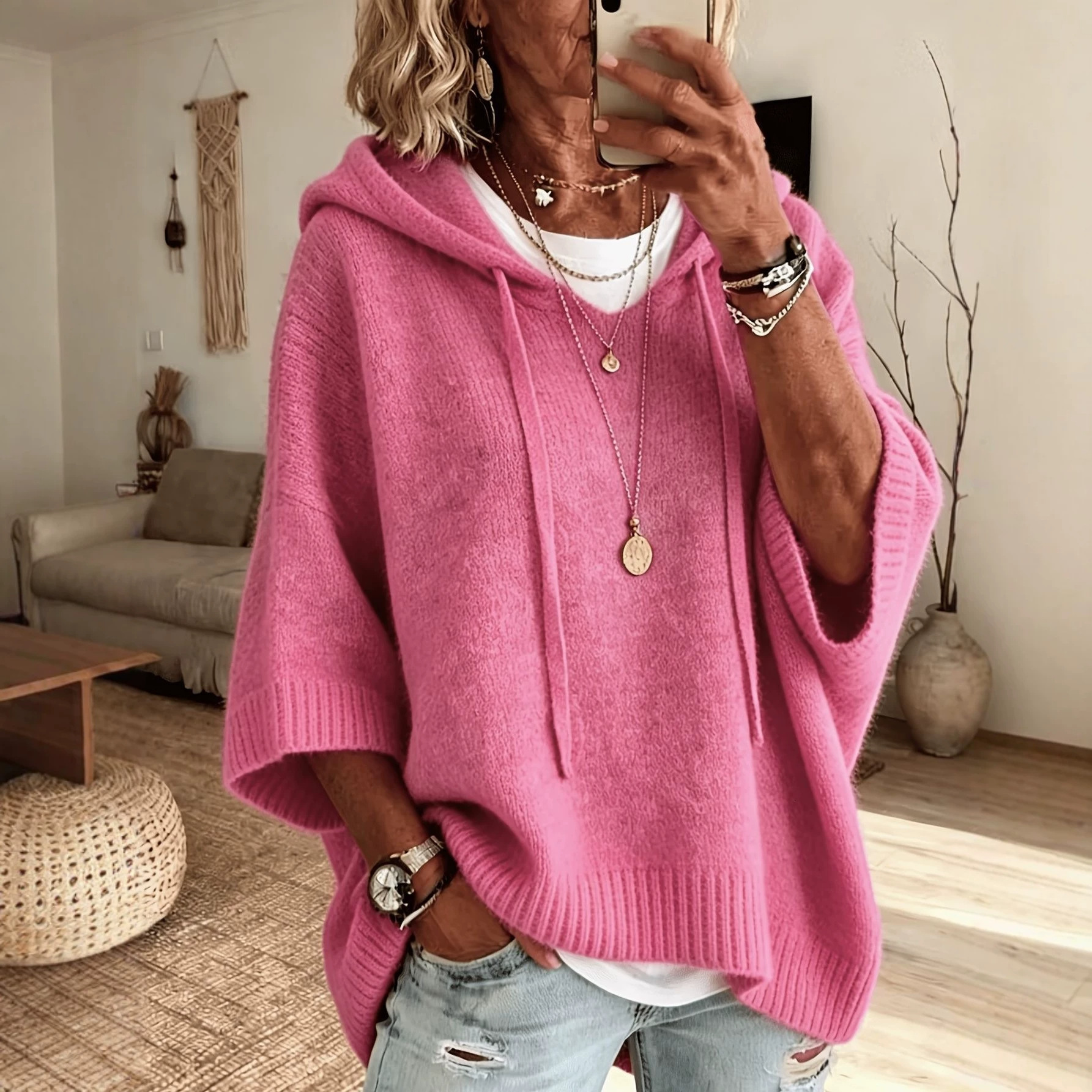 Women's Hooded Drawstring Knit Sweater Pullover
