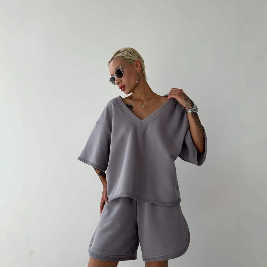 Women's V-Neck Short Sleeve Drawstring Shorts Two-Piece Casual Sport Set