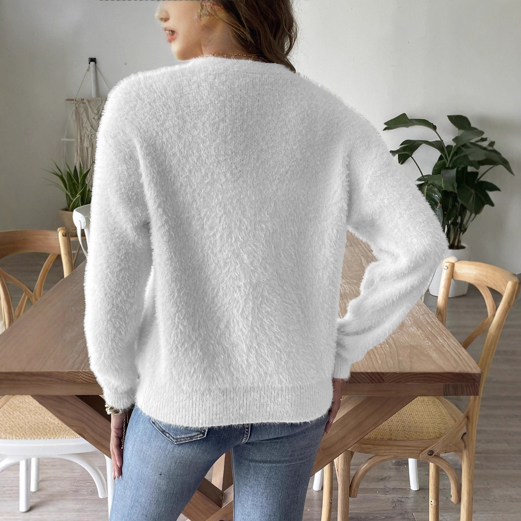 Women's Faux Mink Knit Long-Sleeve Button-Front Cardigan with Pearl Buttons