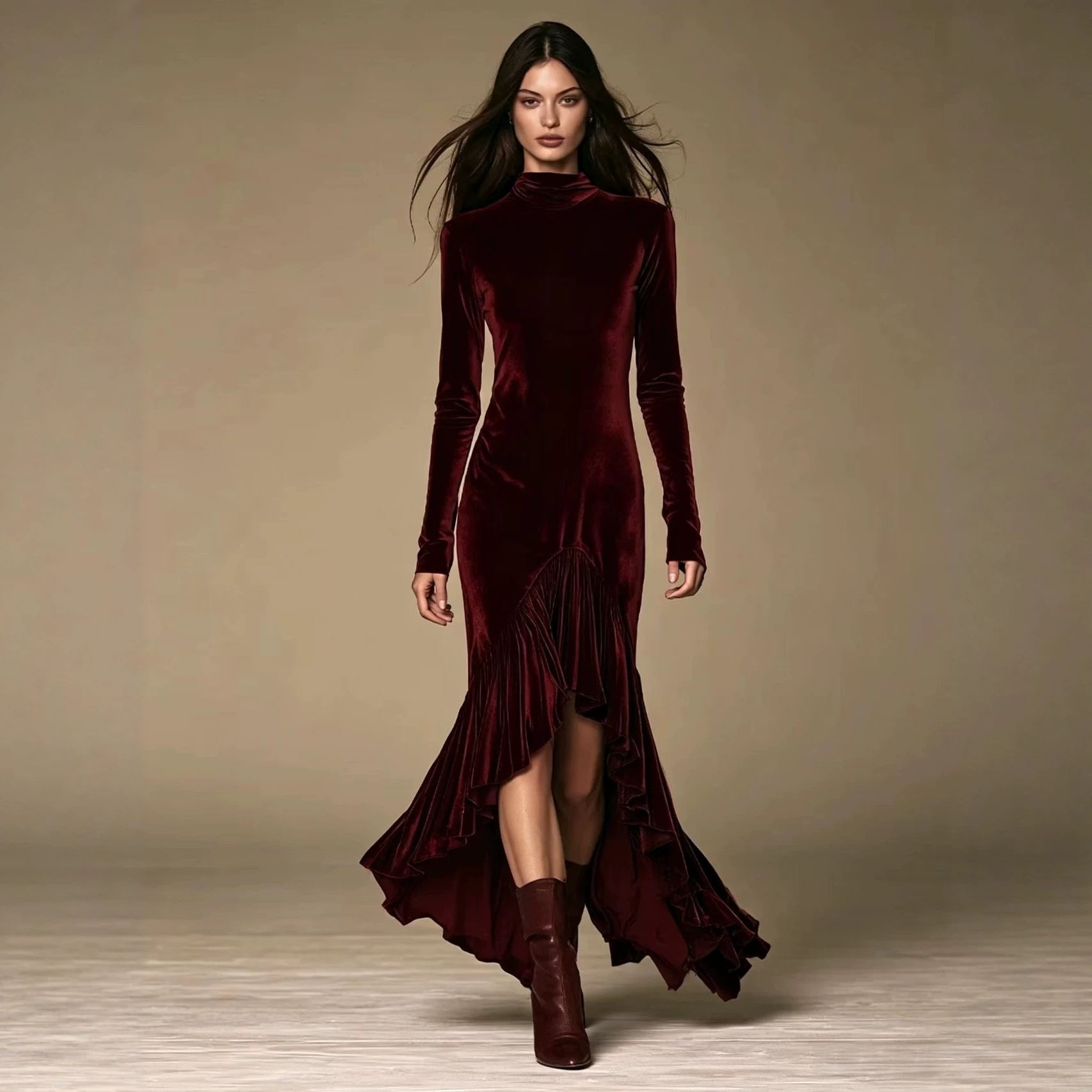Velvet High Neck Ruched Mermaid Evening Dress with Ruffle Hem