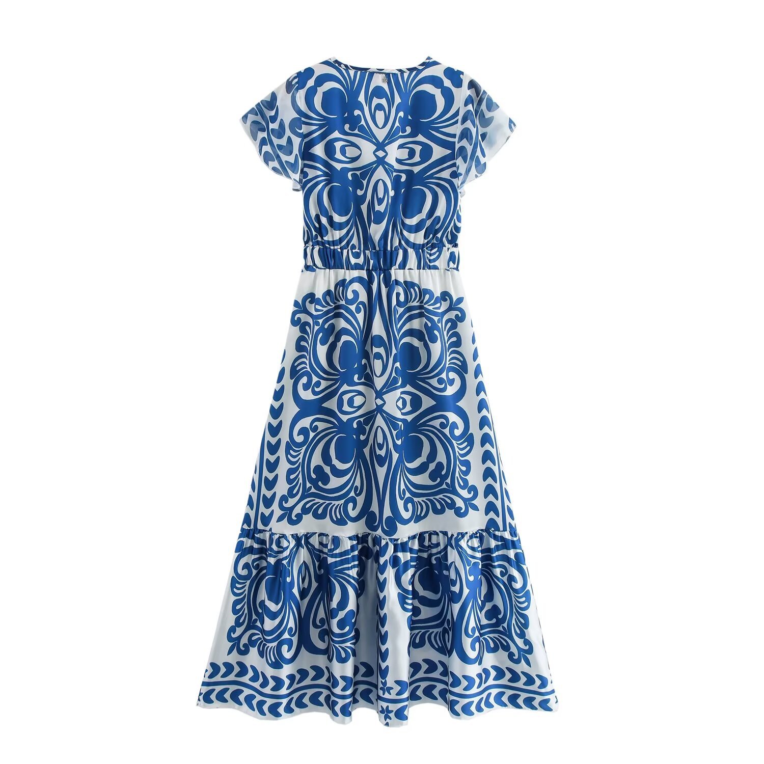 V-Neck Print Long Dress Sleeveless High Waist A-Line Blue