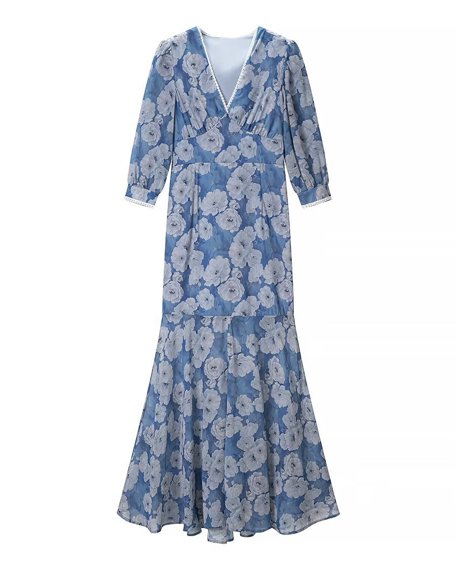 Floral V-Neck A-Line Midi Dress with Puff Sleeves