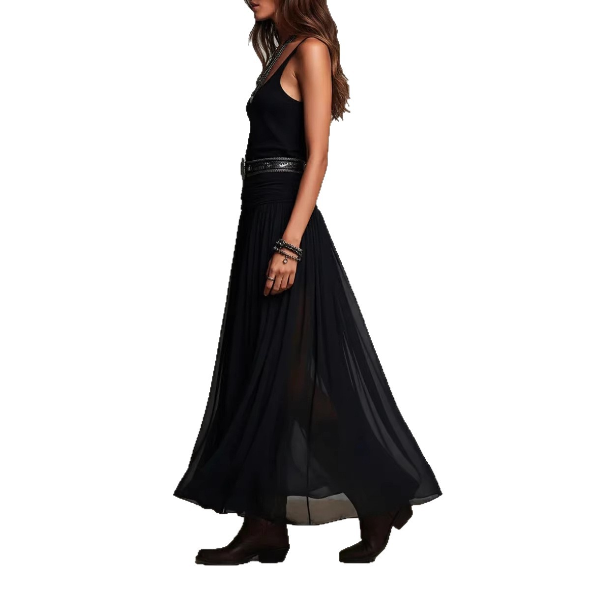 Black Mesh Sling Long Dress with Vintage Pleated Design