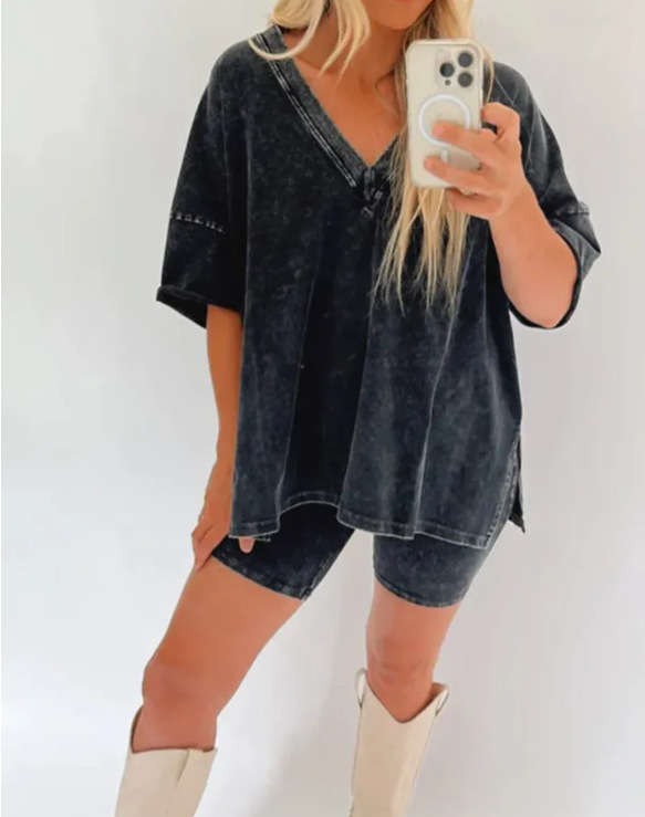 V-Neck Faux Denim Two-Piece Set with Short Sleeve Tee and High-Waist Shorts