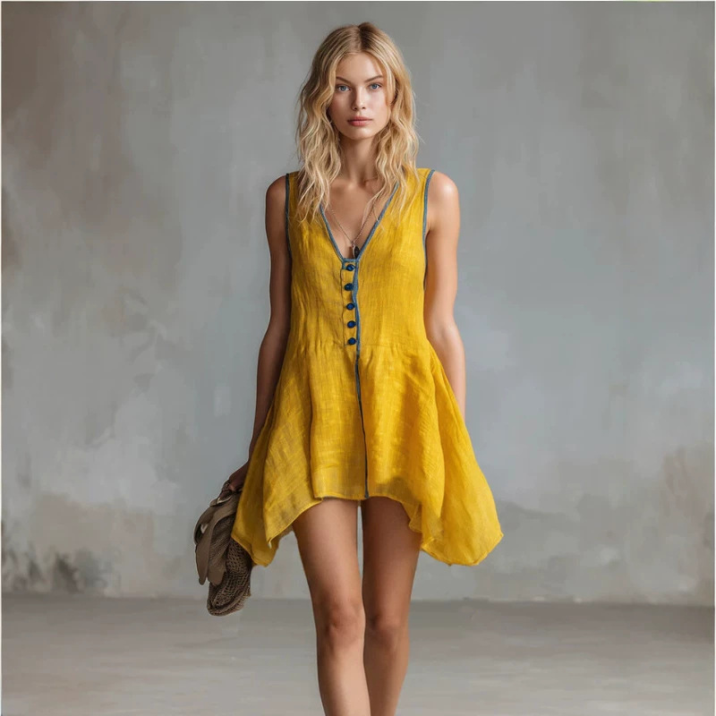 Retro Yellow Cotton-Linen Mini Dress with Piping, V-Neck Sleeveless