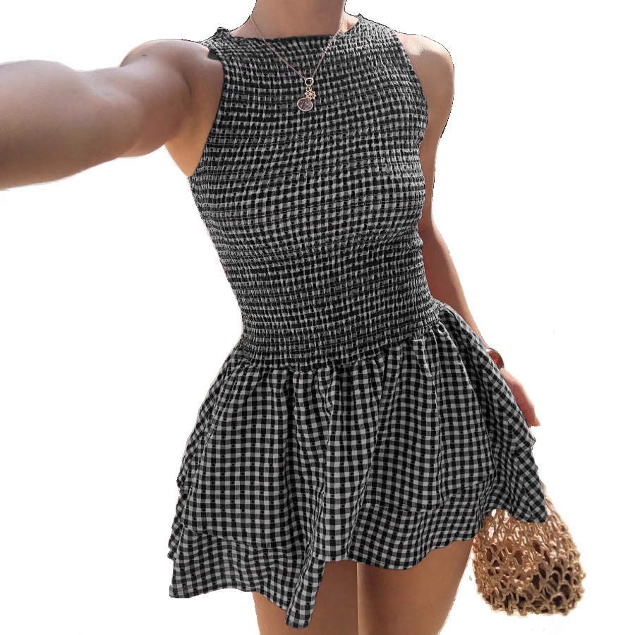 Women's Off-Shoulder Smocked Plaid Sleeveless Puff Dress
