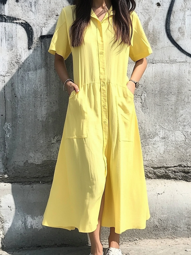 Women's Button-Front Short-Sleeve Casual Dress with Pockets