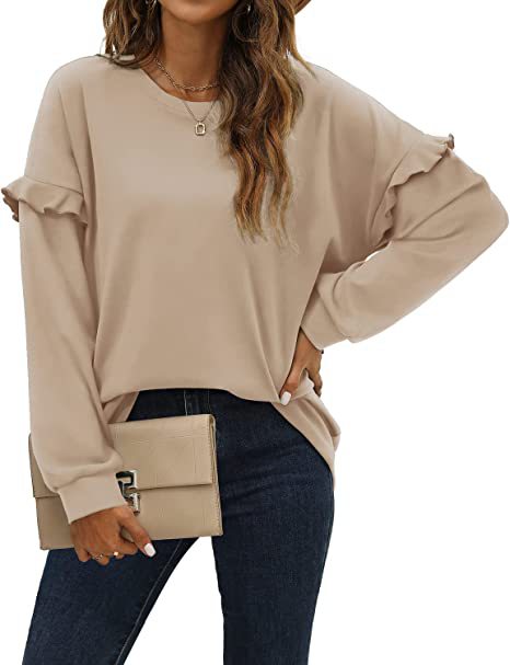Women's Solid Color Crewneck Sweatshirt with Ruffle Trim Long Sleeve