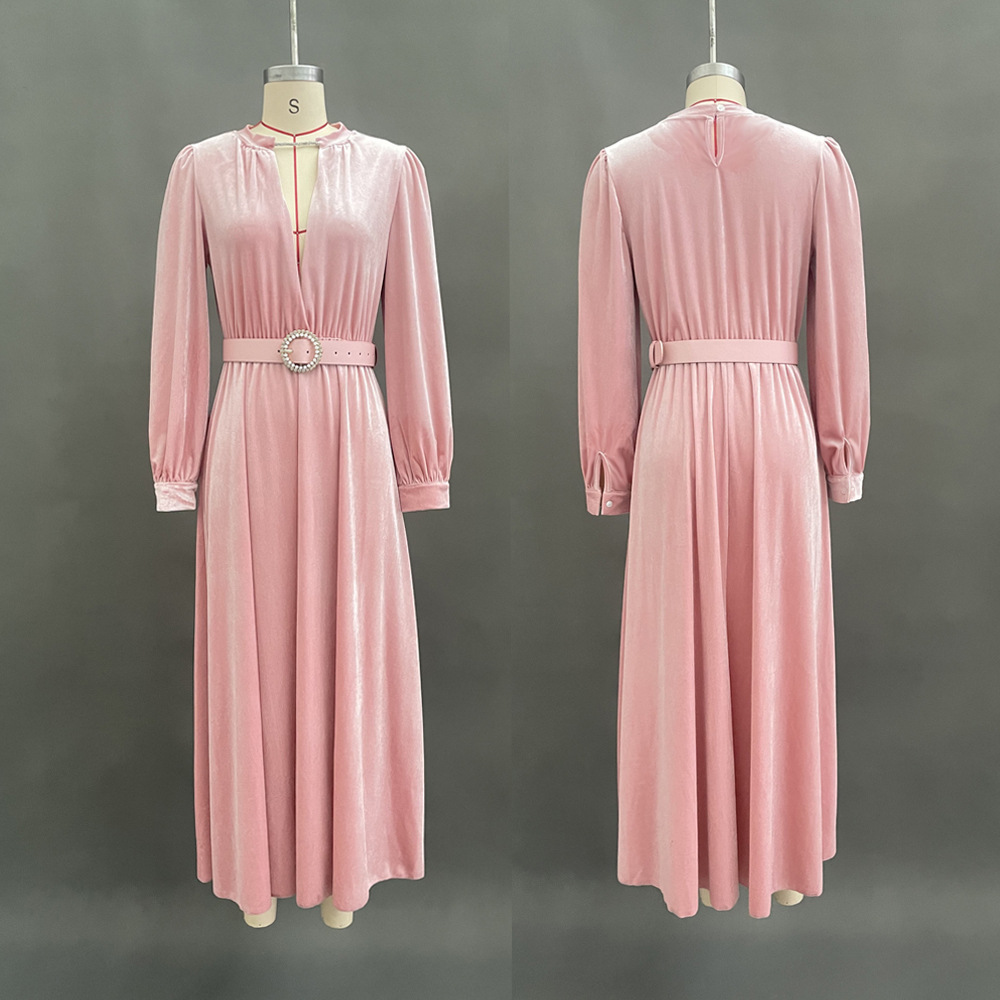Solid V-Neck Gold Velvet Long Sleeve Dress with Waist Belt