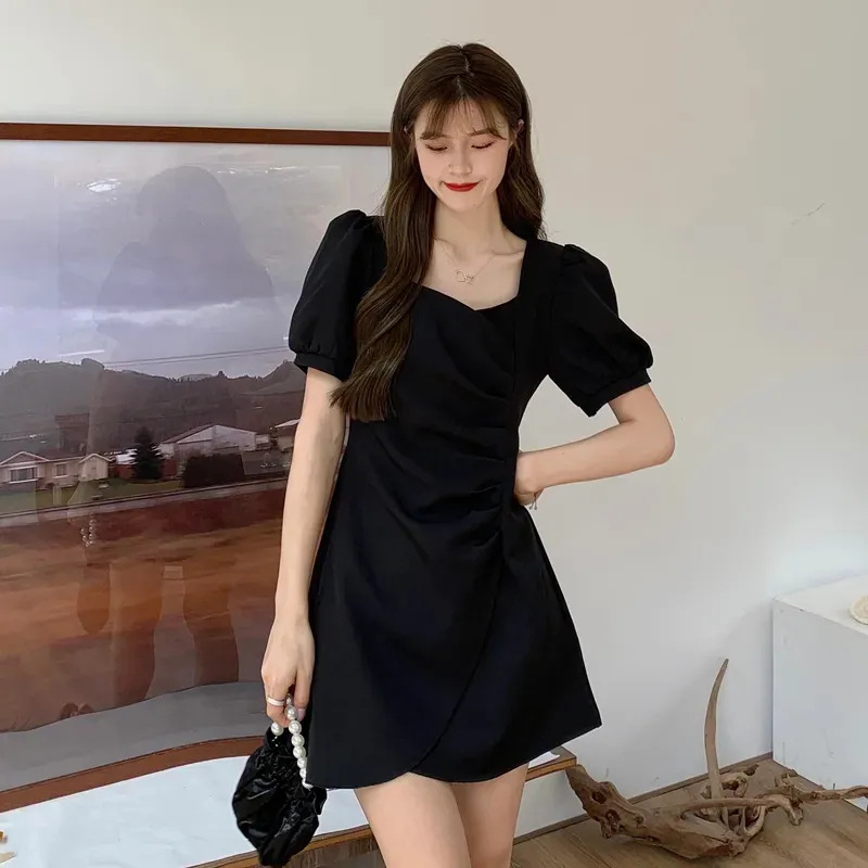 French Square Neck Ruched Puff Sleeve Asymmetric Dress Women's Slim Waist