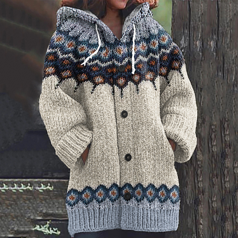 Women's Colorful Animal Print Hooded Button Cardigan Sweater