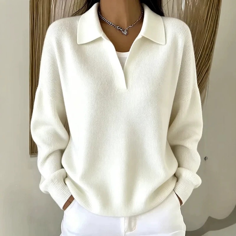 Ribbed Knit Polo Sweater with Collar, Loose Fit V-Neck Pullover
