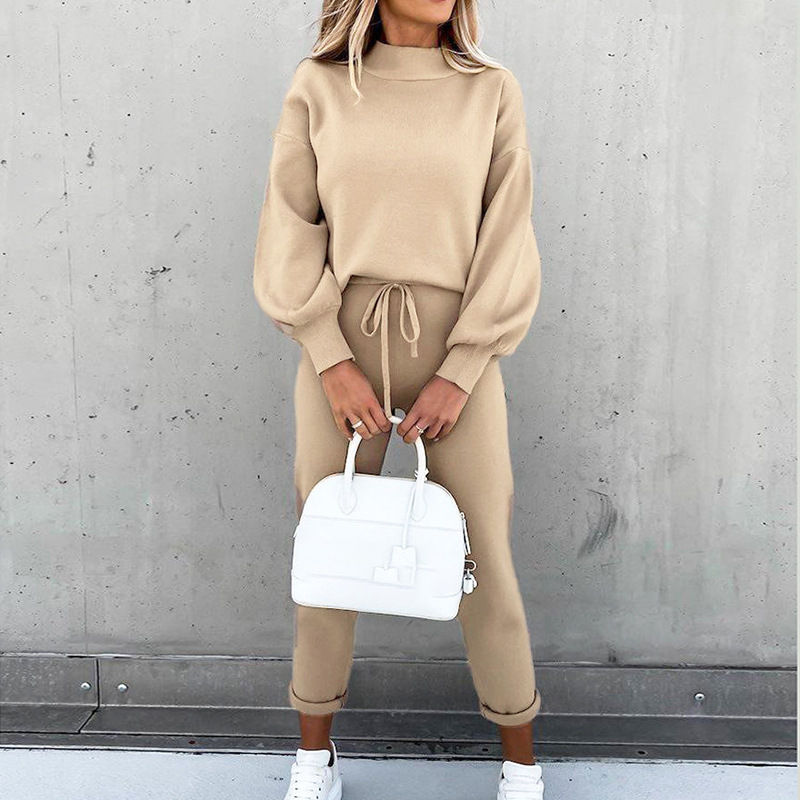 Women's Turtleneck Sweatsuit Set Solid Color Long Pants with Pockets