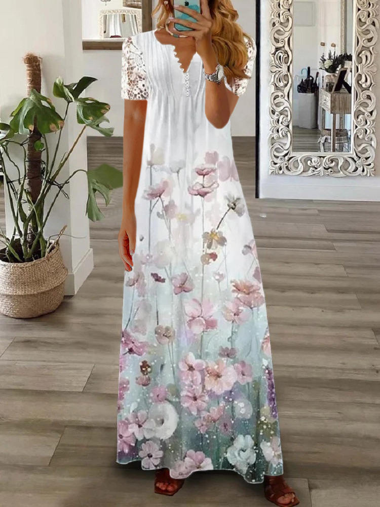 Floral Print Lace Short Sleeve Dress