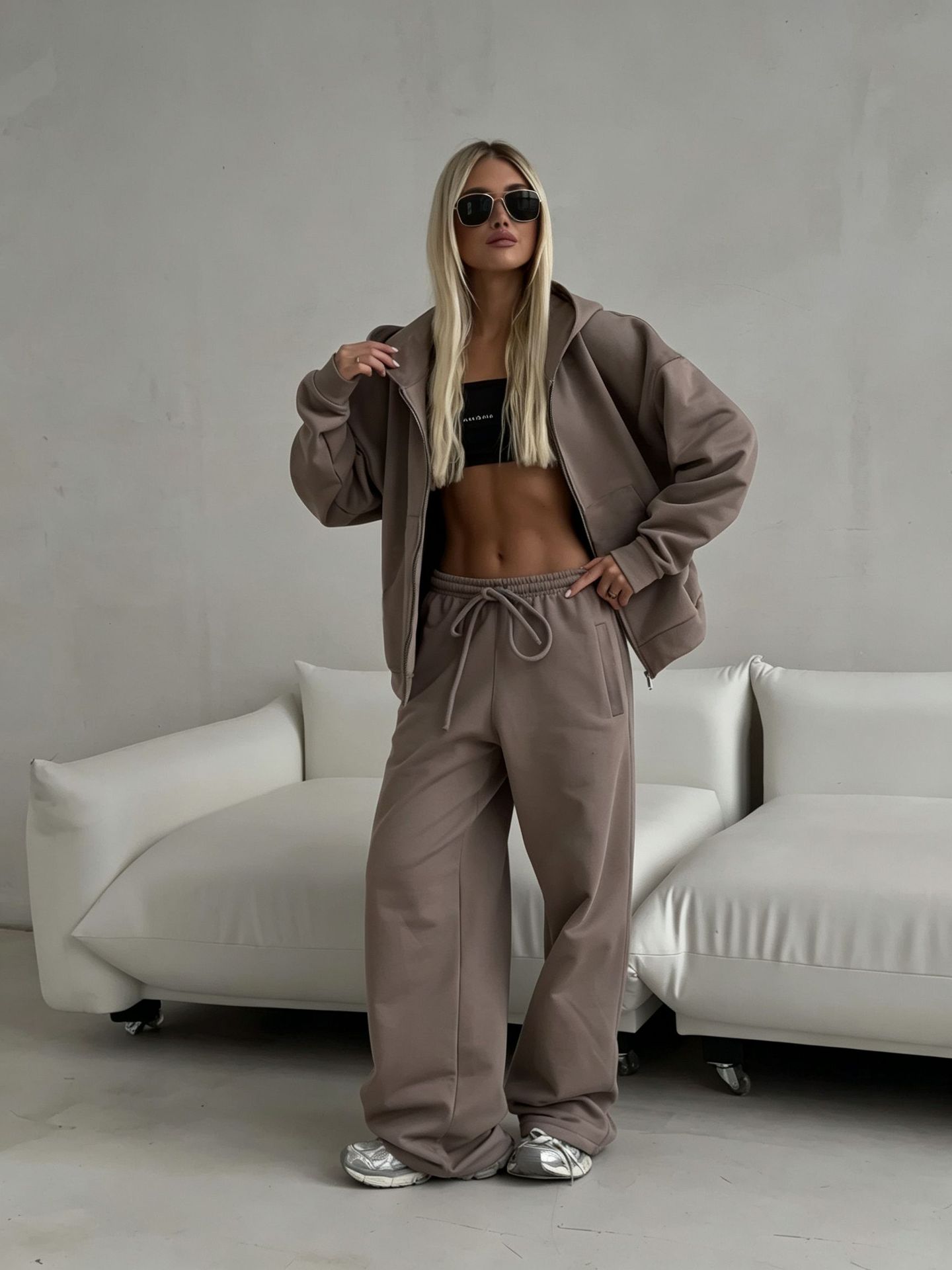 Women's Zip-Up Hooded Cardigan and Drawstring Pants Two-Piece Casual Set