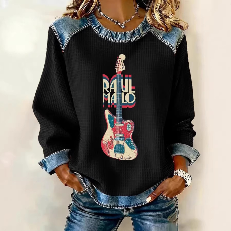 Women's Letter Guitar Print Crewneck Sweatshirt