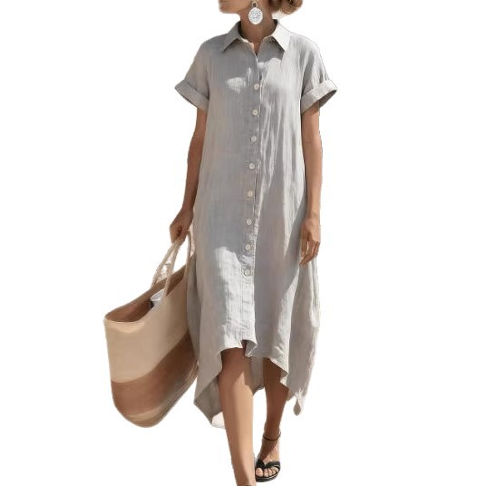 Women's Short Sleeve Long Shirt Dress Loose Relaxed Collared