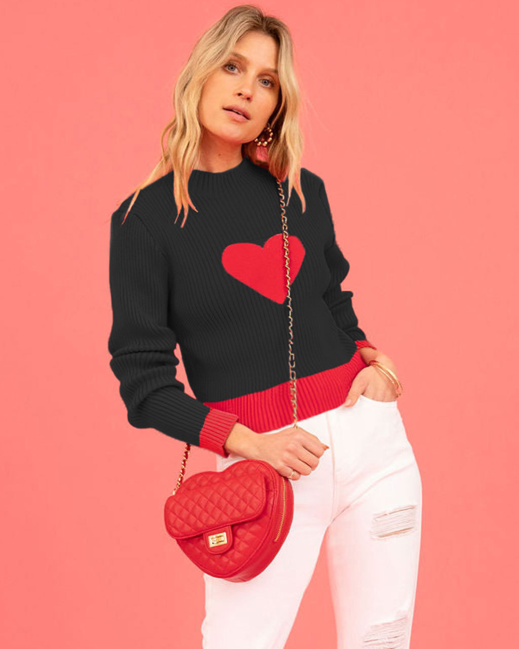 Heart Pattern Crewneck Pullover Knit Sweater