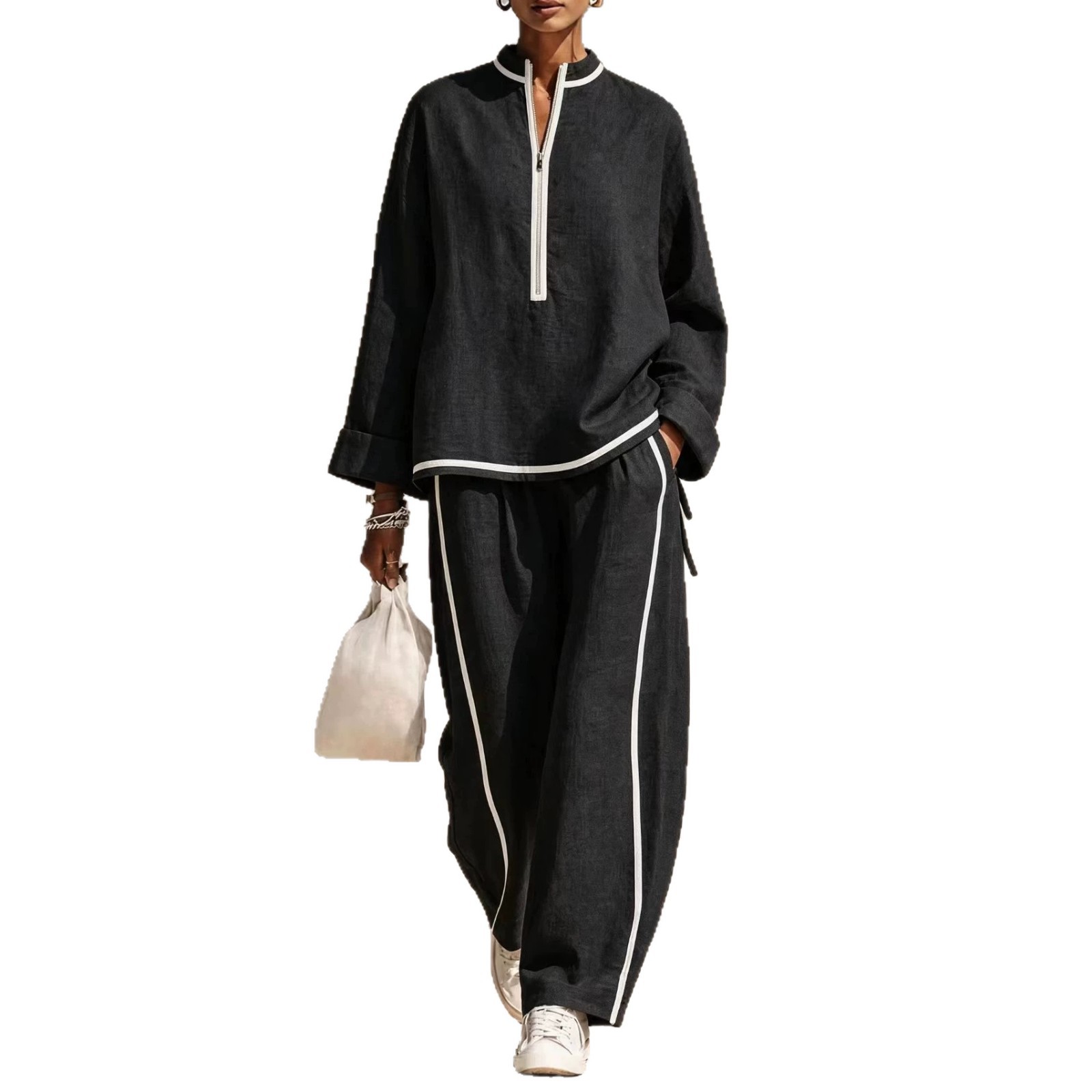 Women's Casual Two-Piece Set with Half-Zip Stand Collar Top and Wide-Leg Pants