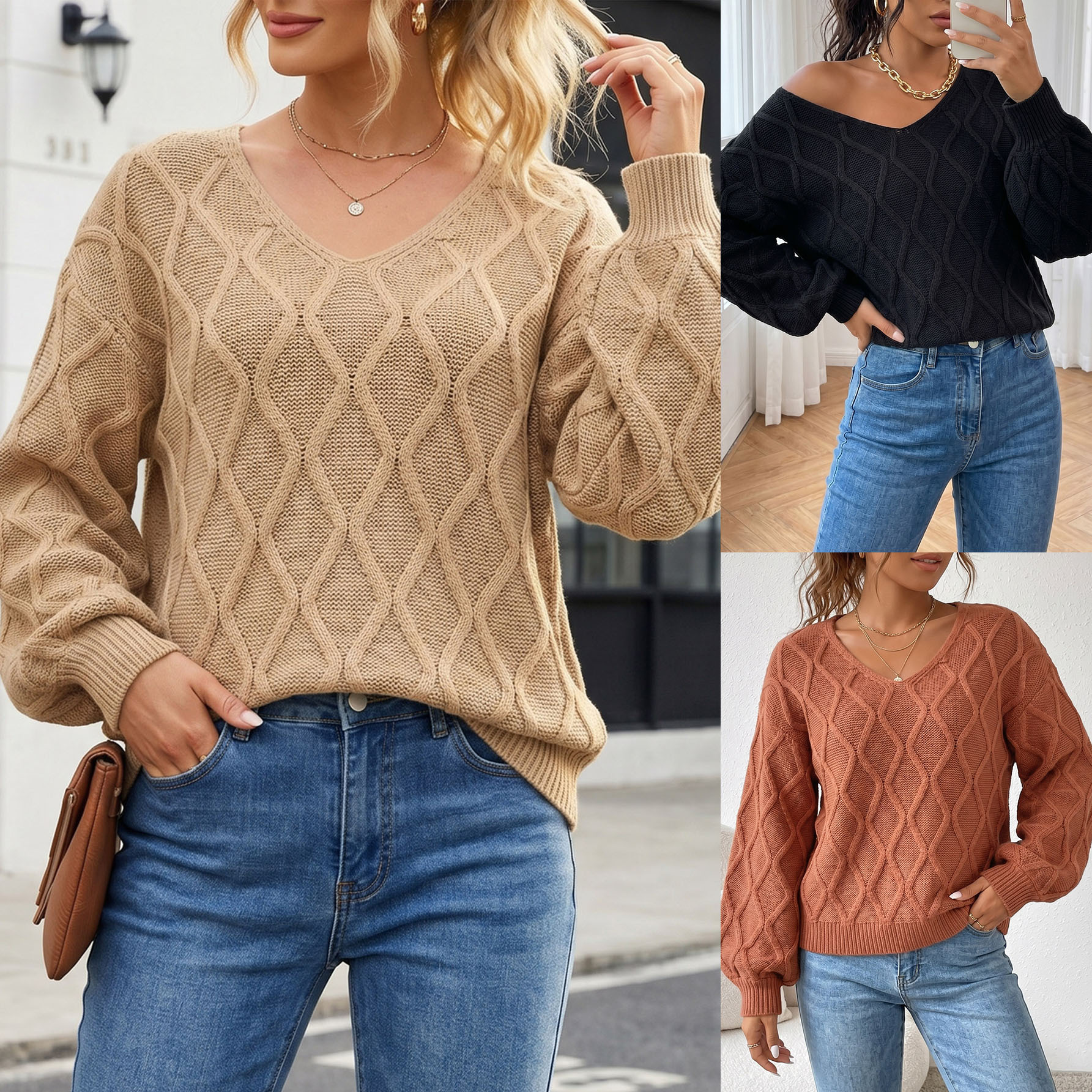 V-Neck Loose-Fit Knit Sweater for Women