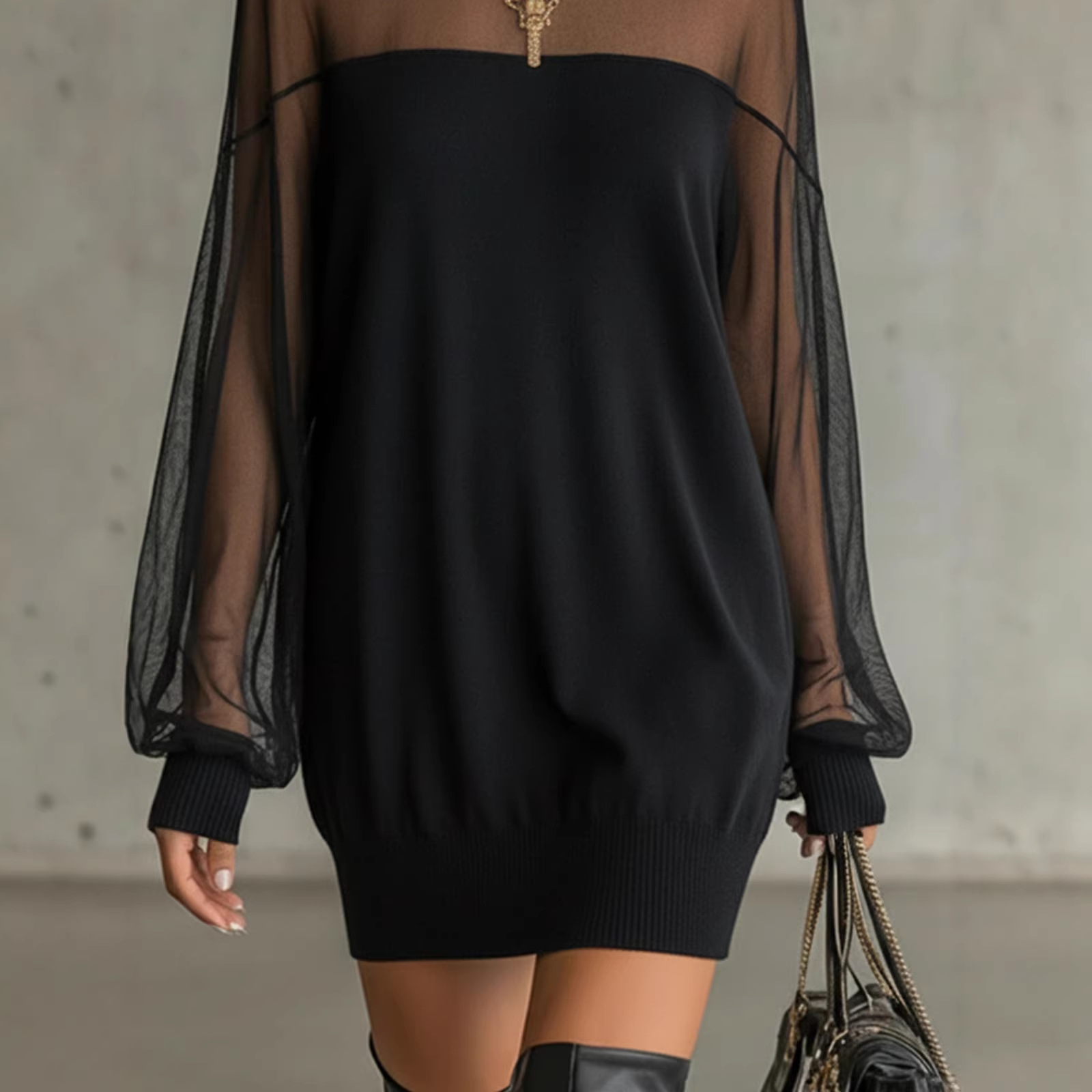 Women's Mesh Panel Mini Dress Long Sleeve Crew Neck Black