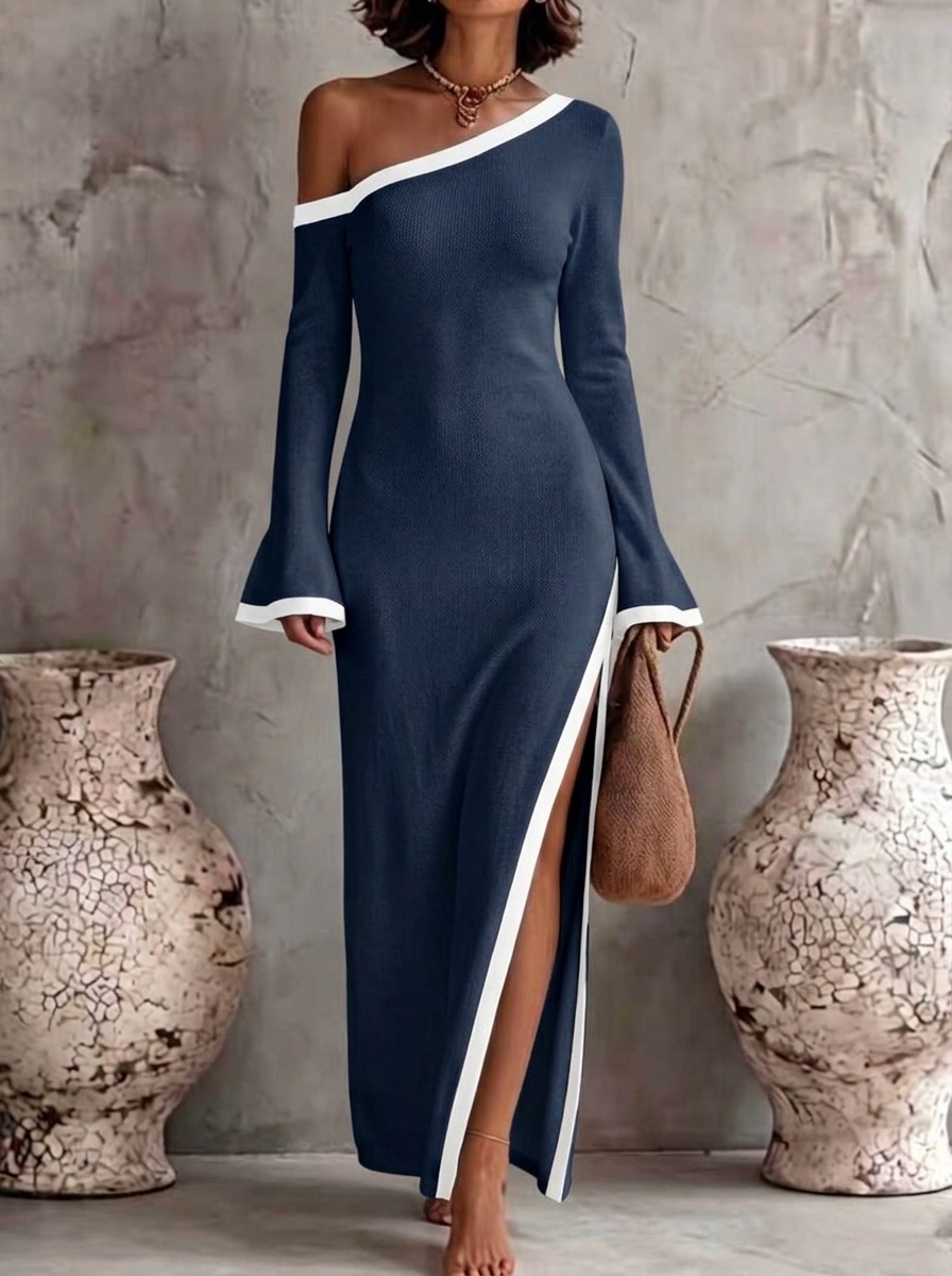 Women's Color-Block One-Shoulder Long-Sleeve Bodycon Dress