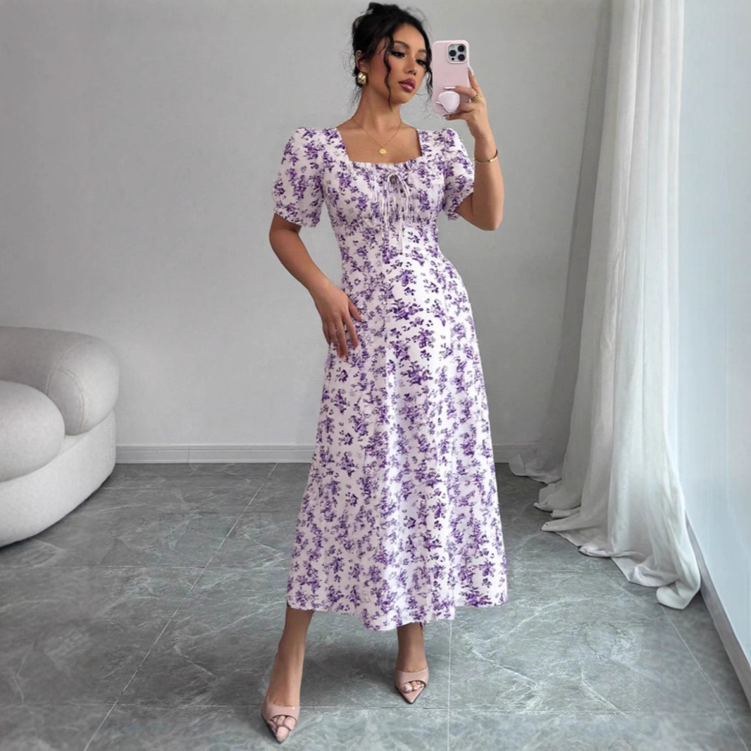 Elegant Short Sleeve Ruffle Dress with U-Neck and Puff Sleeves
