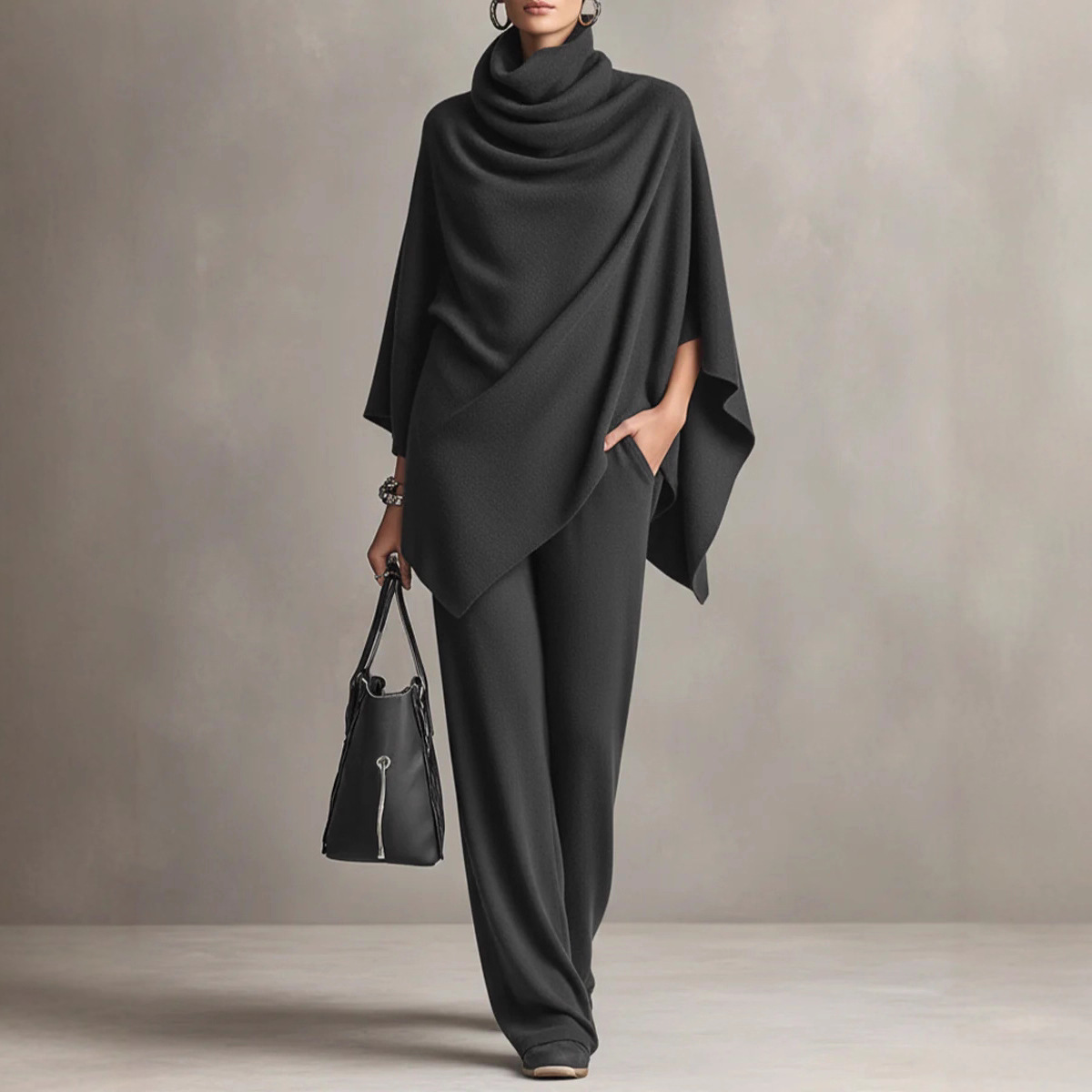 Women's German Velvet Cowl Neck Cape Top & Wide-Leg Pants Two-Piece Set