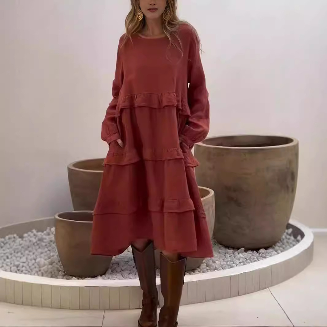 Women's Long Sleeve Ruffle Trim A-Line Dress with Pockets