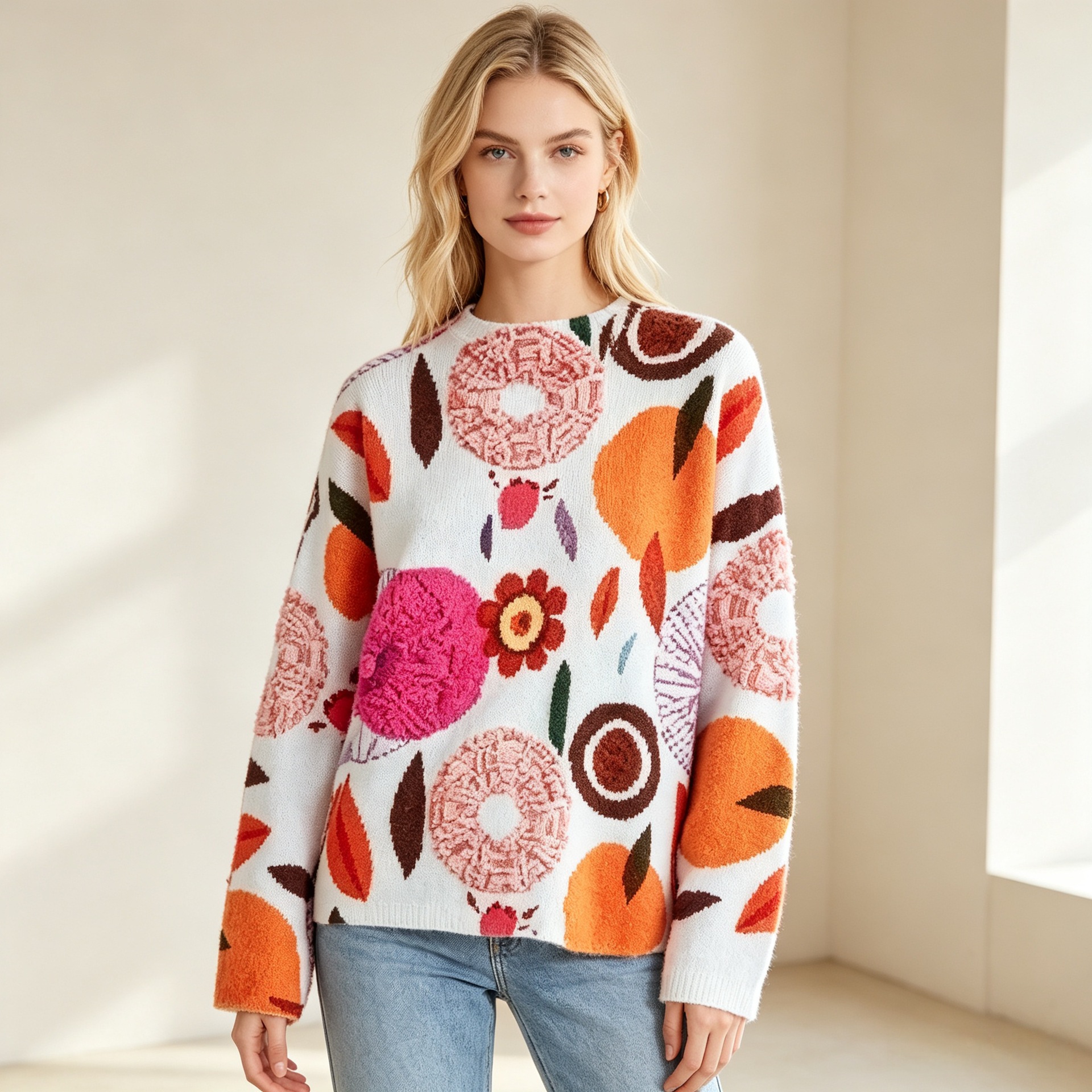 3D Print Christmas Sweater Women's Crewneck Long Sleeve Knit Pullover
