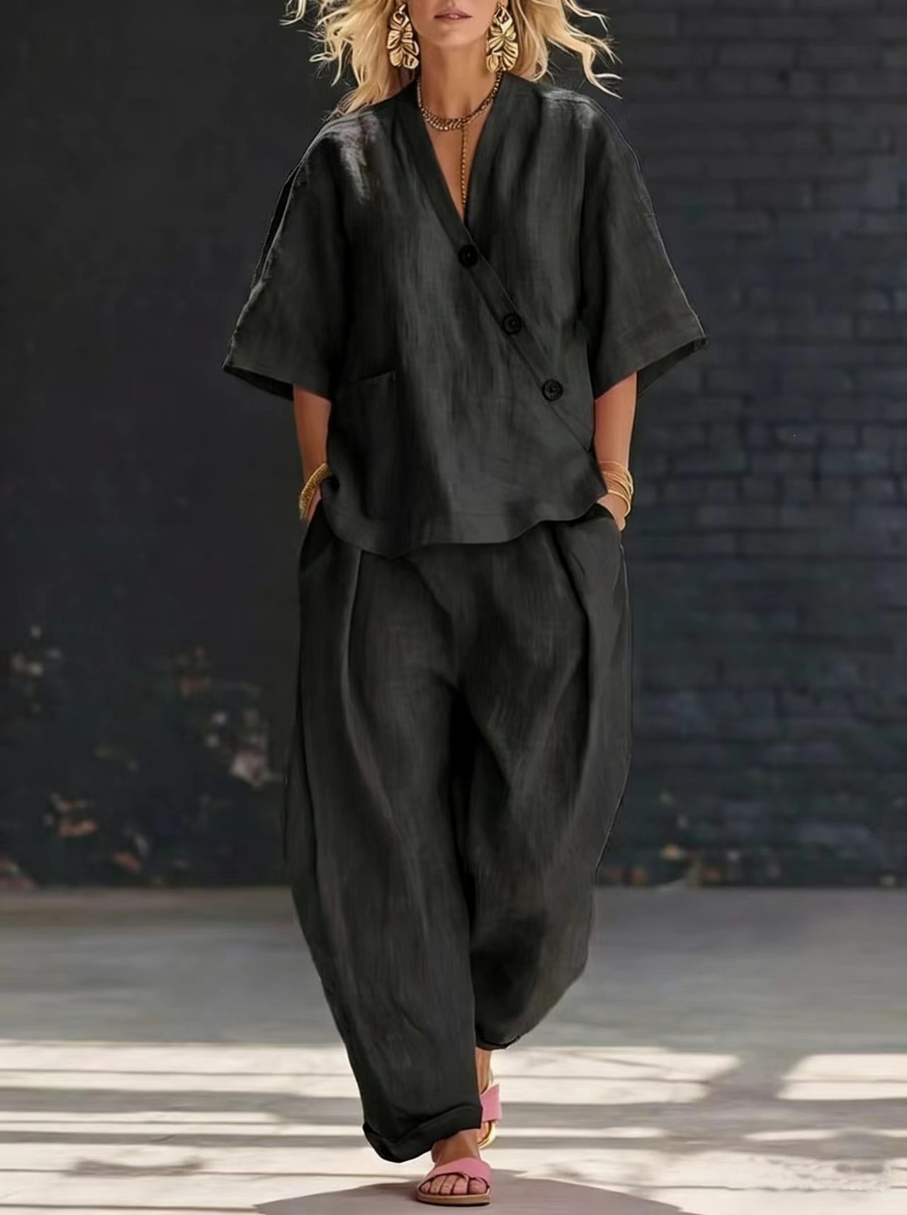 Women's Asymmetric Button V-Neck Shirt and Wide-Leg Pants Casual Set