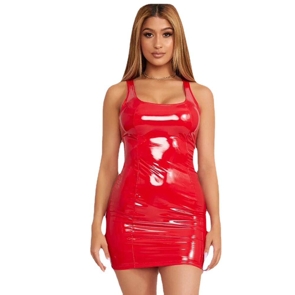 Sexy Sleeveless Bodycon Dress Faux Leather Zip High Stretch Round Neck