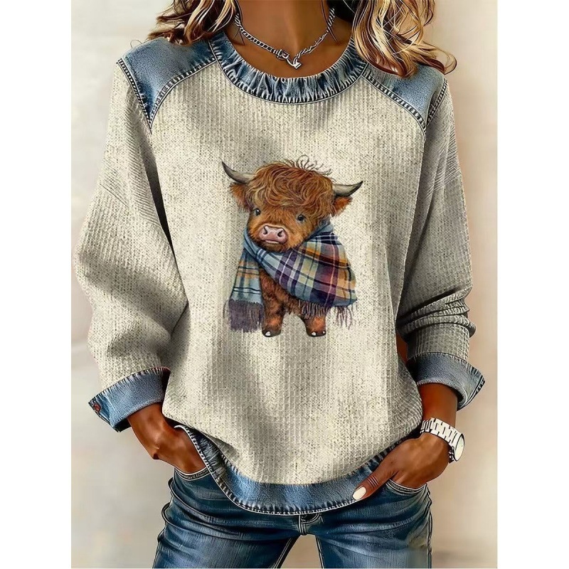 3D Print Colorblock Denim Collar Pullover Sweatshirt Women's Long Sleeve Loose Fit