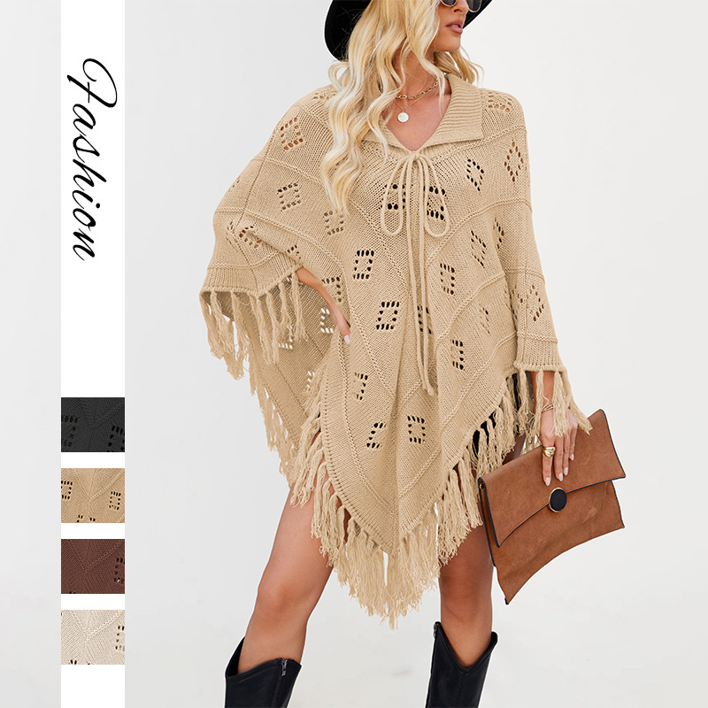 Fringed Knit Cape Sweater with Funnel Neck