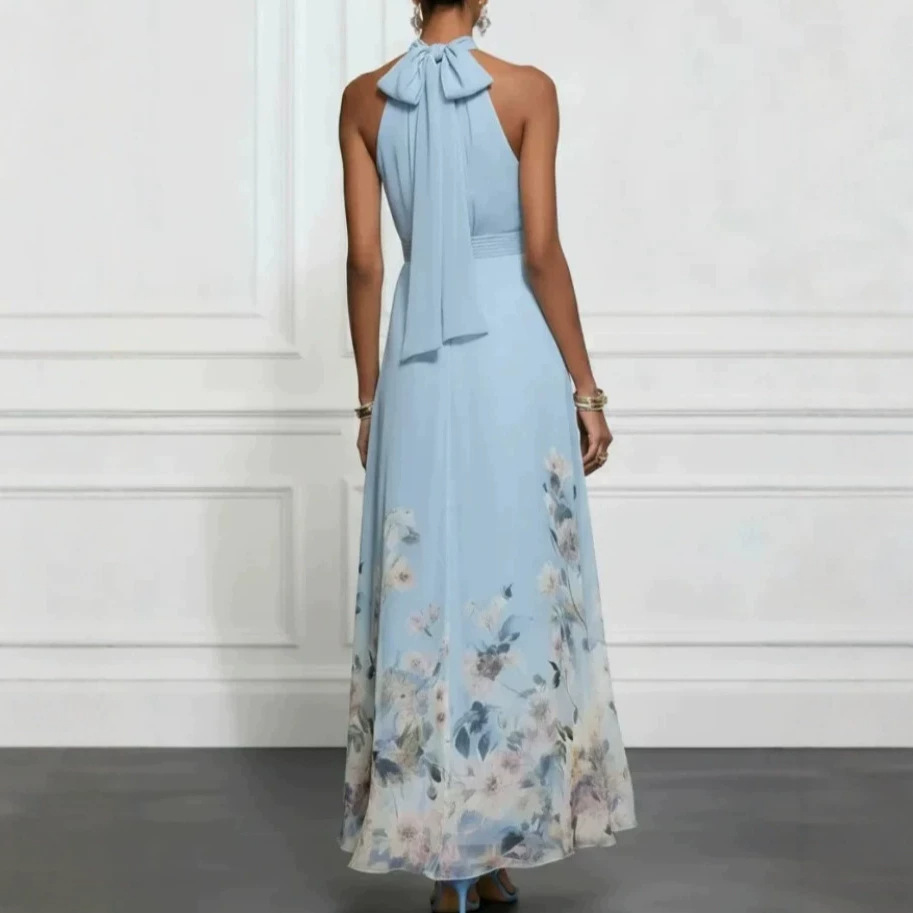 Elegant Floral Print Halter Sleeveless Tie-Waist Long Dress