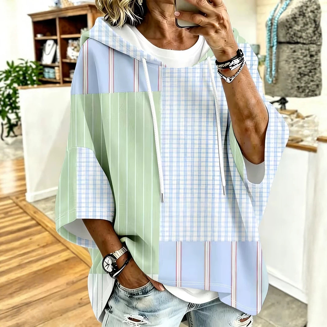 Women's Plaid Line Print Casual Hoodie