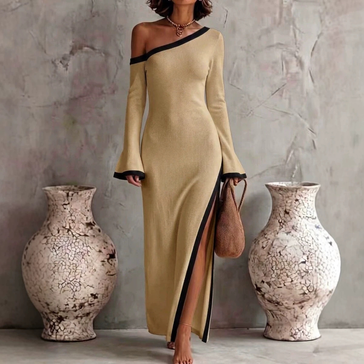 Women's Color-Block One-Shoulder Long-Sleeve Bodycon Dress