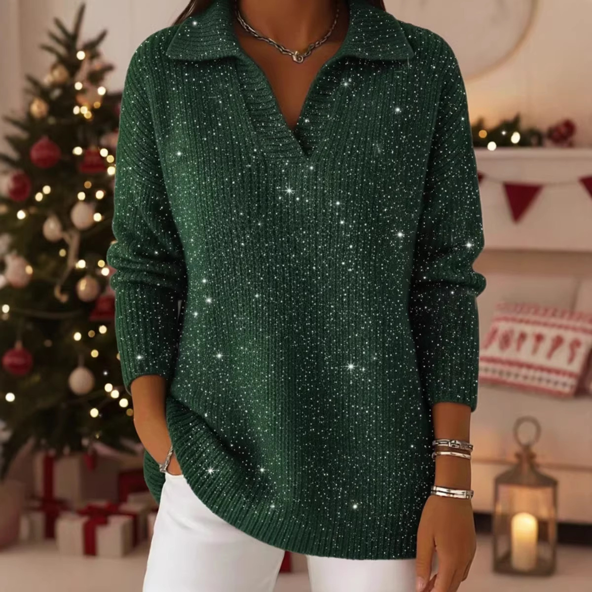 Women's Sparkling Long Sleeve Solid Color Top
