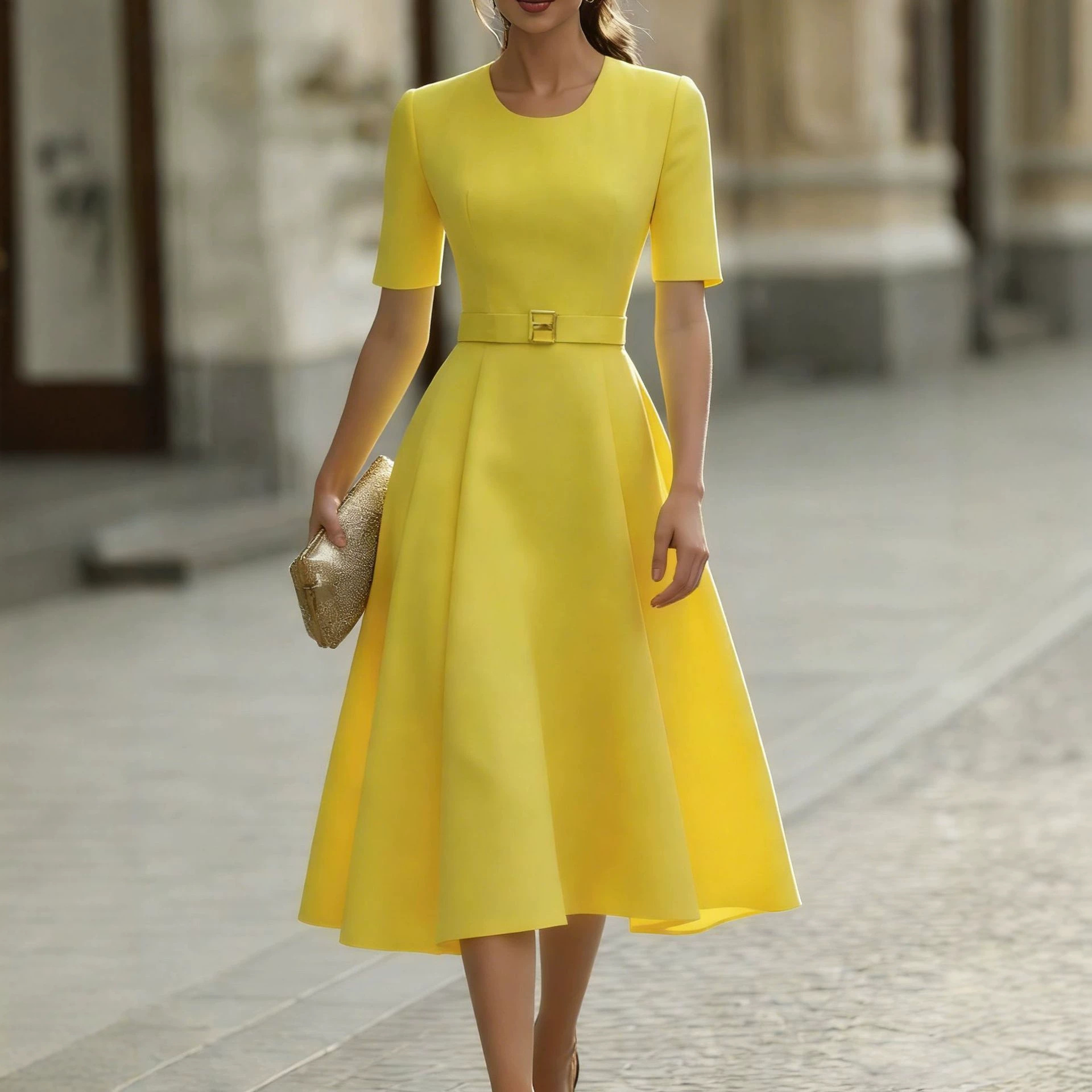 Elegant Solid Crewneck Mini Dress with Belt