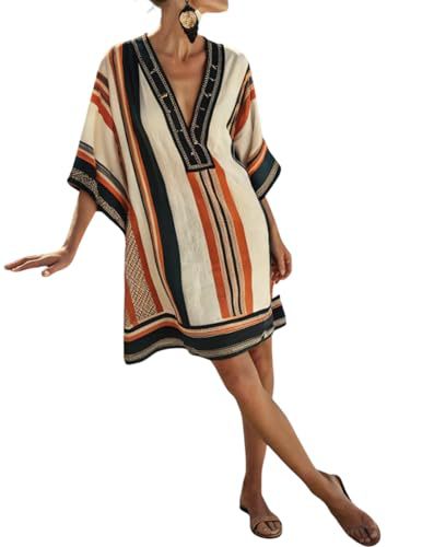 Women's Striped Floral Print Midi Dress Deep V-Neck Sleeveless Slim Fit